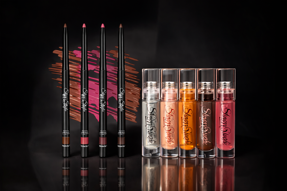 Skyn Studio Beauty lip liner and high-shine gloss collection featuring assorted shades with swatches on black background